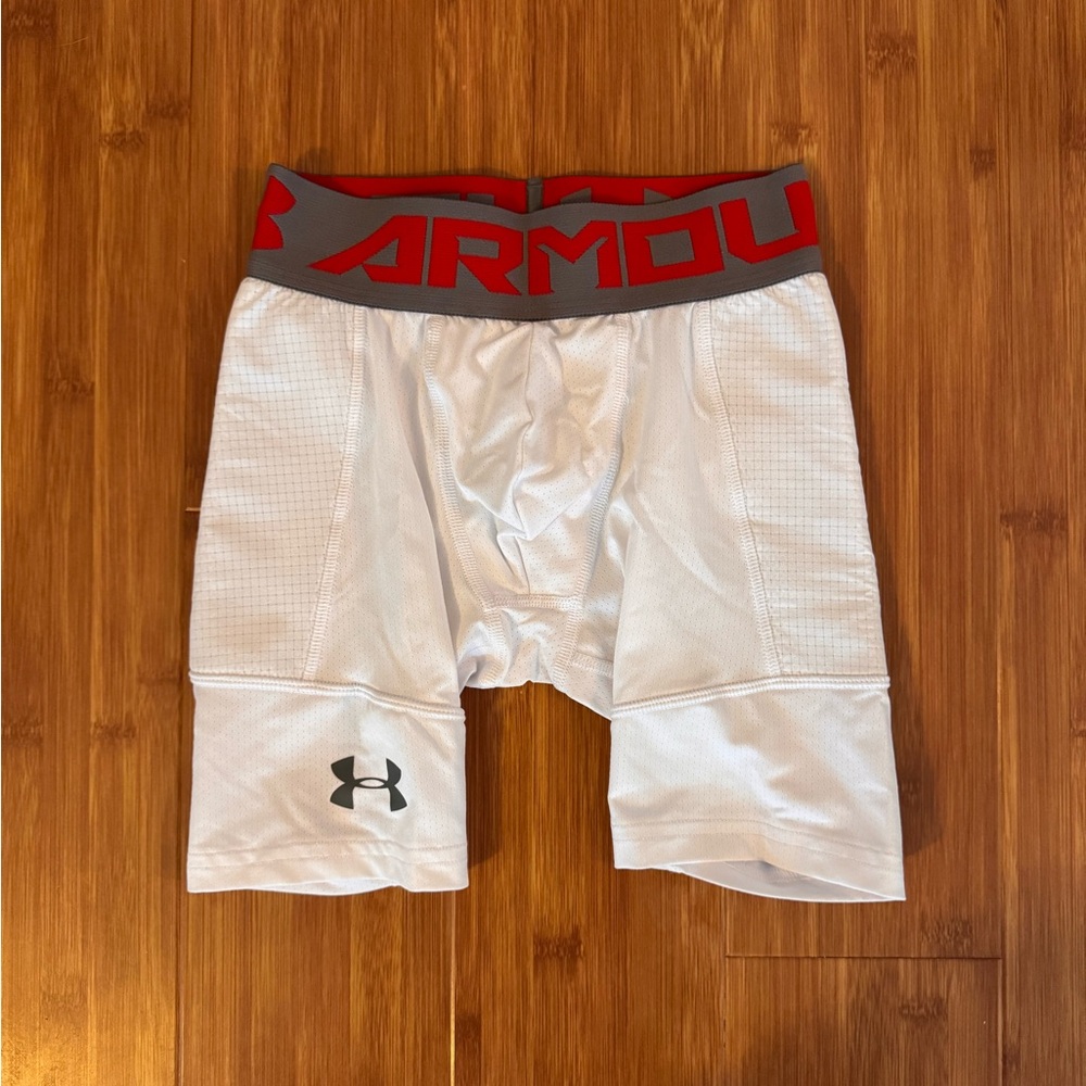Boys size YS Under Armour Red and Gray Waistband White Slider Compression Shorts